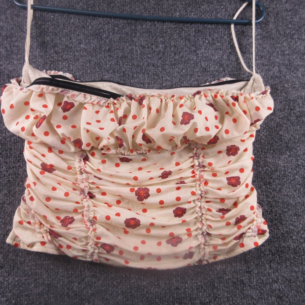 Free People Tank Top Womens Large Beige Polka Dot Floral Ruffle‎ Ruched Camisole
